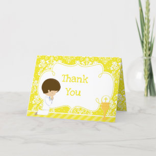 Brunette Boy First Communion Damask  'Thank You' Thank You Card