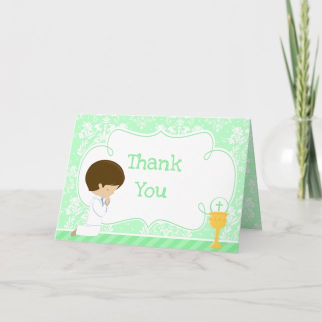 Brunette Boy First Communion Damask  'Thank You' Thank You Card (Front)
