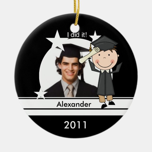 Brunette Boy Graduate Customised Photo Keepsake Ceramic Ornament (Front)