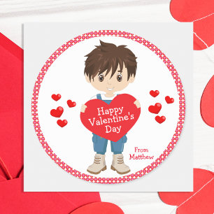 Brunette Boy Happy Valentine's Day Classic Round Sticker