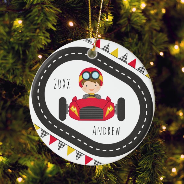 Brunette Boy Kid Racing Red Car & Flags Name Year Ceramic Ornament (Creator Uploaded)