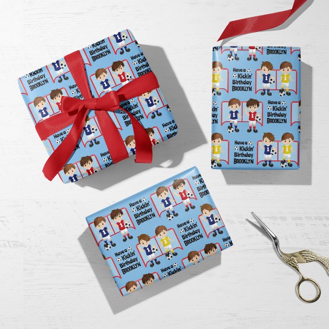 Brunette Boy Soccer Personalised Wrapping Paper Sheet (Creator Uploaded)