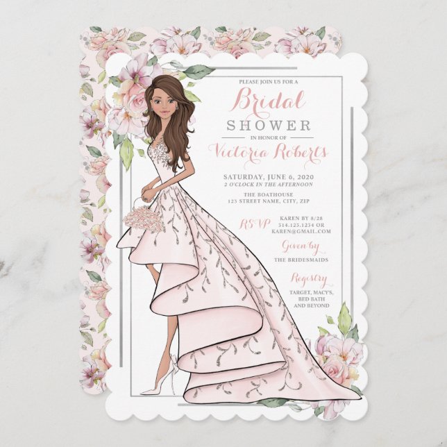 Brunette Bride in Gown Bridal Shower Invitation (Front/Back)