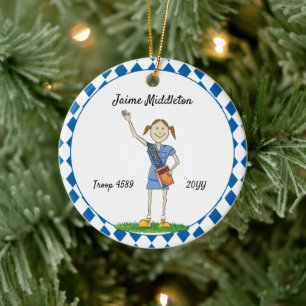 Brunette Cadette Girl Scouting Blue Diamond Shape Ceramic Ornament