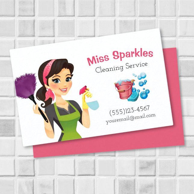 Brunette Cartoon Maid House Cleaning Services Business Card (Creator Uploaded)