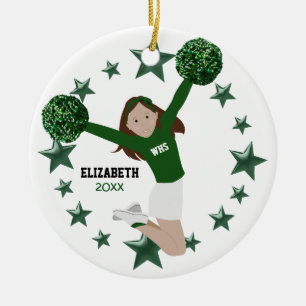 Brunette Cheerleader Pom Poms Green & White Ceramic Tree Decoration