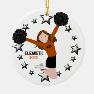 Brunette Cheerleader Pom Poms In Orange & Black Ceramic Ornament
