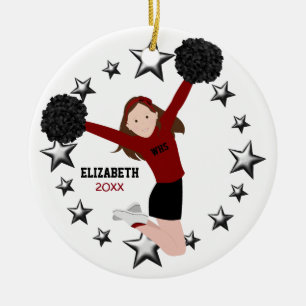 Brunette Cheerleader Pom Poms In Red & Black Ceramic Tree Decoration