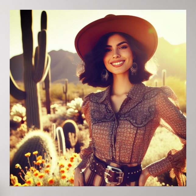 Brunette Cowgirl in Cowboy Hat in the Desert Poster (Front)