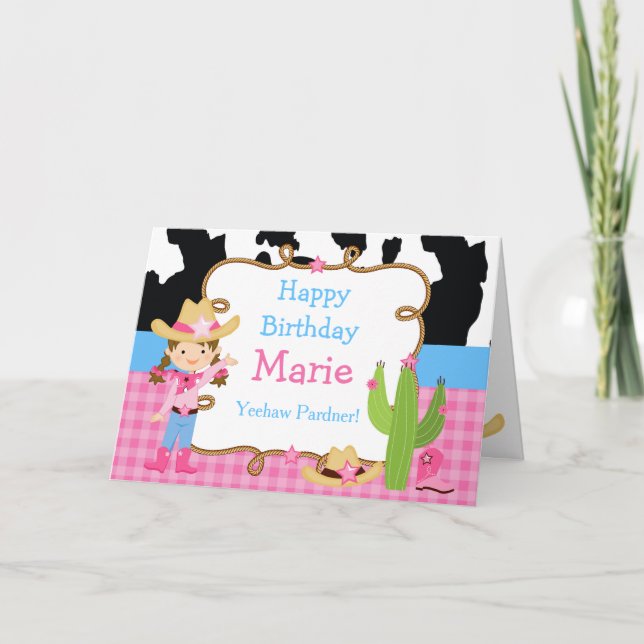 Brunette Cowgirl Western Birthday Party Card (Front)