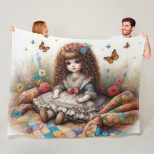 Brunette Curly Haired Doll on Quilt Fleece Blanket