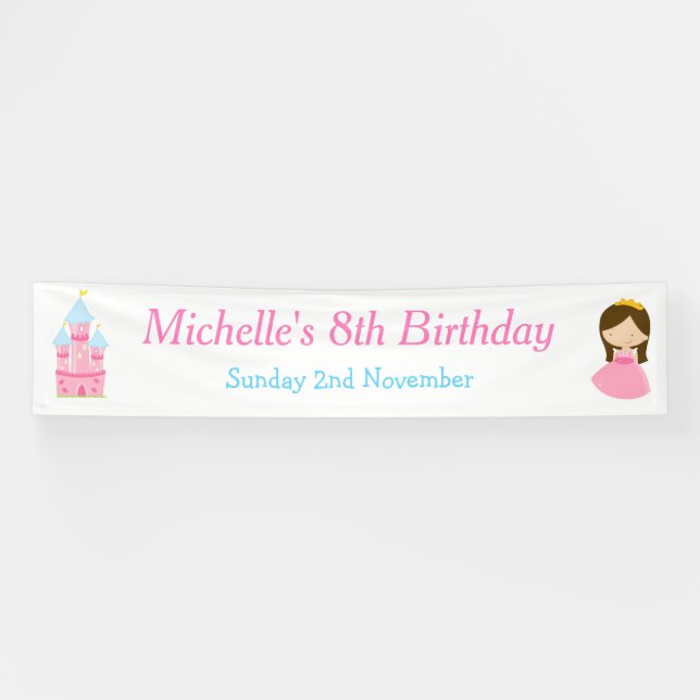 Brunette Cute Princess and Dragon Birthday Party Banner (Horizontal)