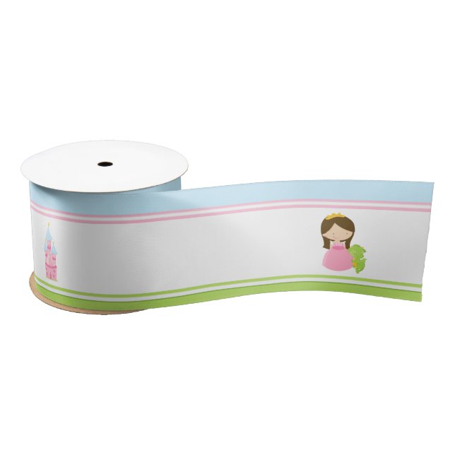 Brunette Cute Princess and Dragon Birthday Party Satin Ribbon (Spool)