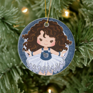Brunette Cutie Denim & Diamonds Christmas Ceramic Ornament