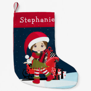 Brunette Elf Girl with Rudolph Christmas Stocking