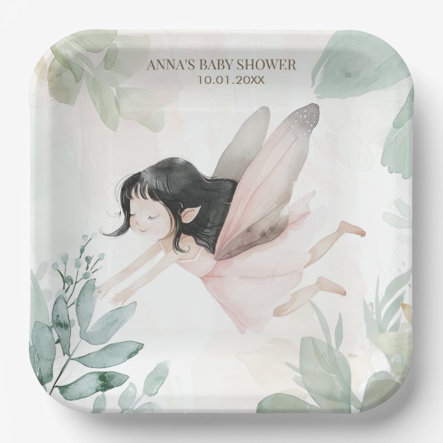 Brunette Fairy Girl Baby Shower Paper Plate (Front)