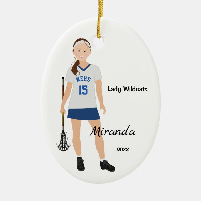 Brunette Female Lacrosse Player In Blue And White Ceramic Ornament (Front)