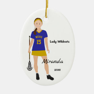 Brunette Female Lacrosse Player In Blue And Yellow Ceramic Ornament