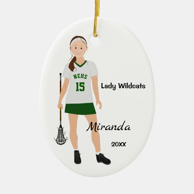 Brunette Female Lacrosse Player In Green And White Ceramic Ornament (Front)