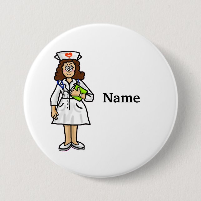 Brunette Female Nurse Button  Add Name! (Front)