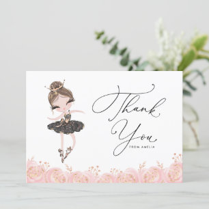 Brunette Girl Ballerina in Black Dress Birthday Thank You Card