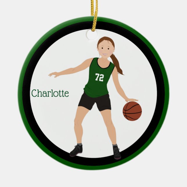 Brunette Girl Basketball Player In Green And Black Ceramic Ornament (Front)