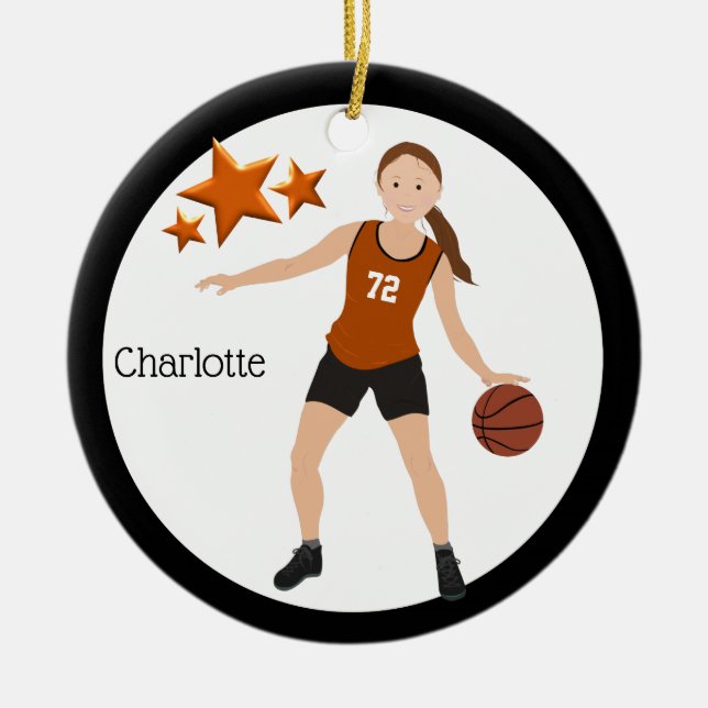 Brunette Girl Basketball Player Orange And Black Ceramic Ornament (Front)