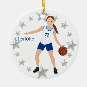 Brunette Girl Basketball Player White & Blue Ceramic Ornament