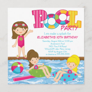 Brunette Girl Birthday Pool Party Invitation