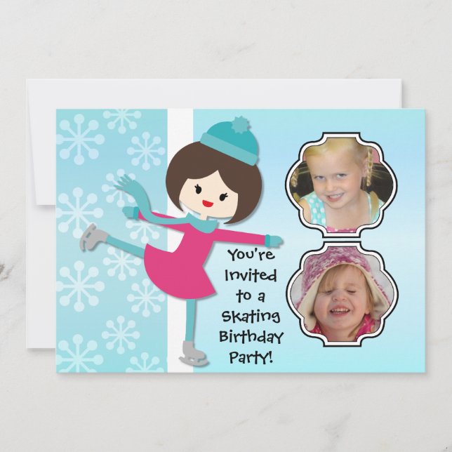 Brunette Girl Birthday Skating Party Invitation (Front)