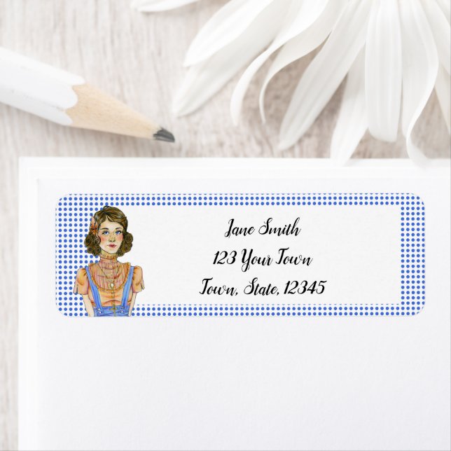Brunette Girl Blue Polka Dot Address Return Address Label (Insitu)