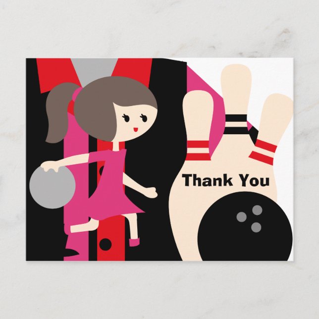 Brunette Girl Bowling Birthday Thank You Postcard (Front)