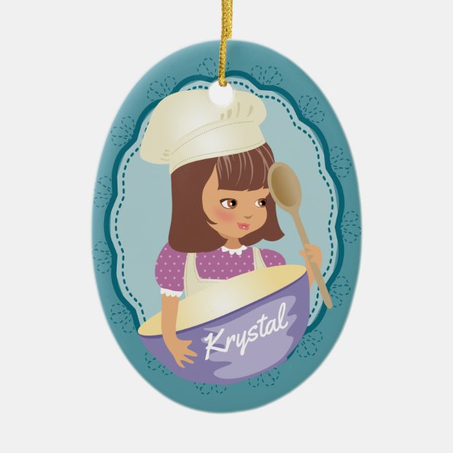 Brunette girl chef baker personalised Christmas Ceramic Ornament (Front)