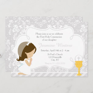 Brunette Girl First Communion Damask Invitation