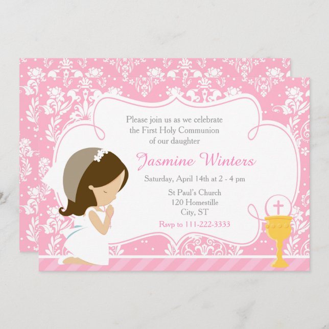 Brunette Girl First Communion Damask Invitation (Front/Back)