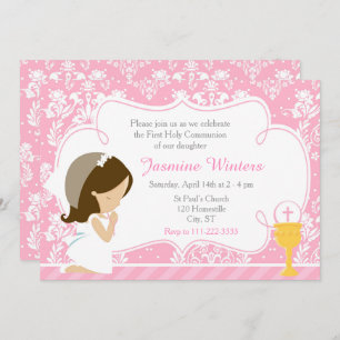 Brunette Girl First Communion Damask Invitation