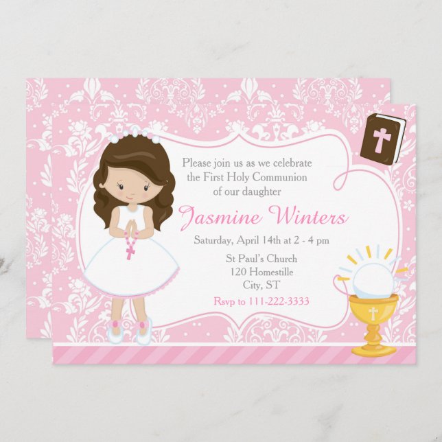 Brunette Girl First Communion Damask Invitation (Front/Back)