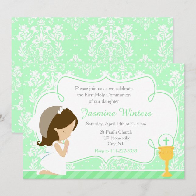 Brunette Girl First Communion Damask Invitation (Front/Back)