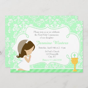 Brunette Girl First Communion Damask Invitation