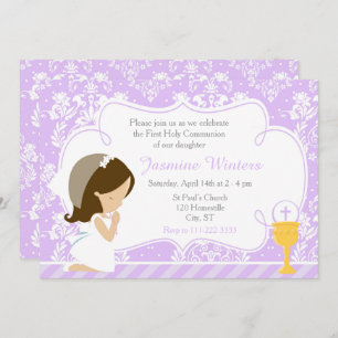 Brunette Girl First Communion Damask Invitation