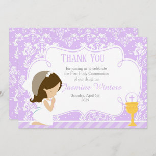 Brunette Girl First Communion Damask Thank You Card