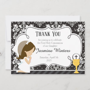 Brunette Girl First Communion Damask Thank You Card