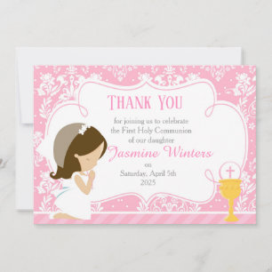 Brunette Girl First Communion Damask Thank You Card