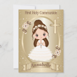 Brunette Girl First Holy Communion Invitation