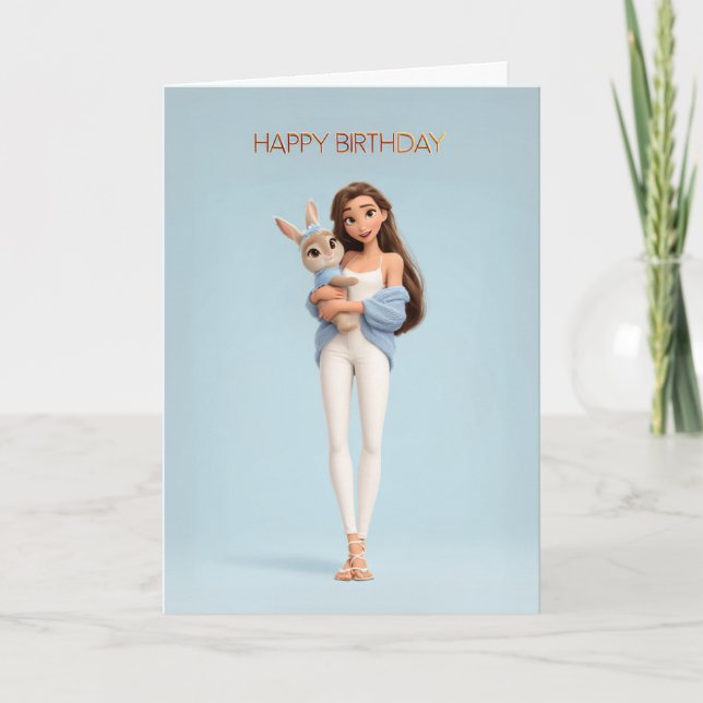 Brunette Girl in Blue Cardigan w/ White Bunny BDay Card (Front)