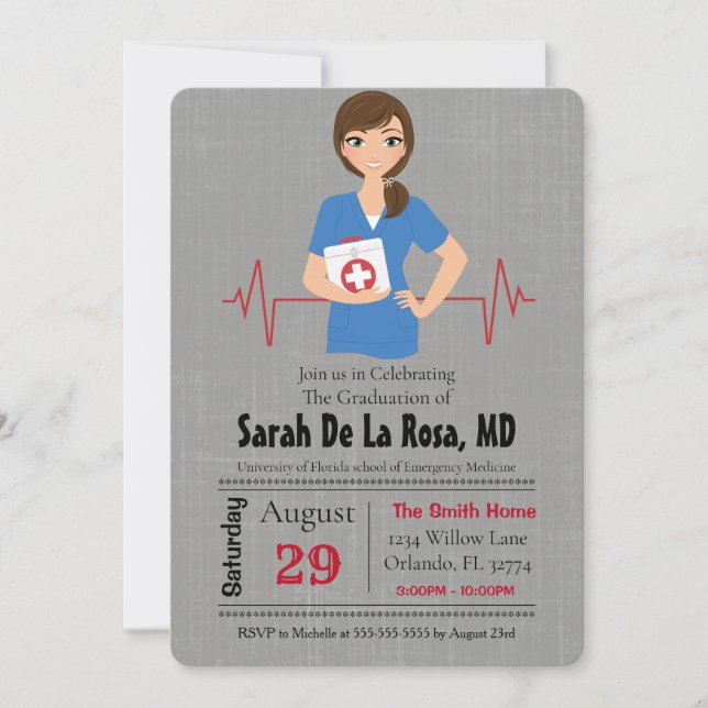 Brunette Girl Medical School Graduation Invite (Front)