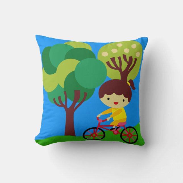 Brunette Girl on Bicycle Pillow (Front)