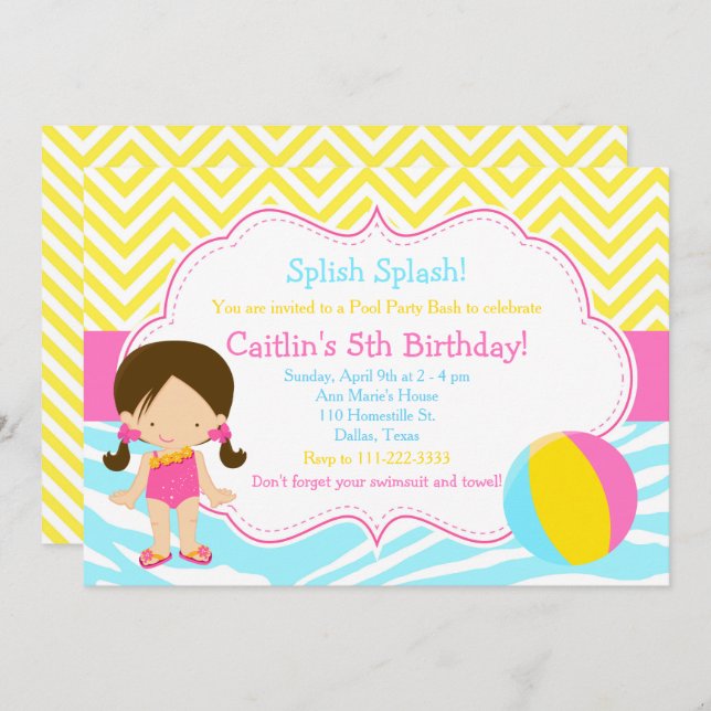 Brunette Girl Pool Party Bash Party Invitation (Front/Back)