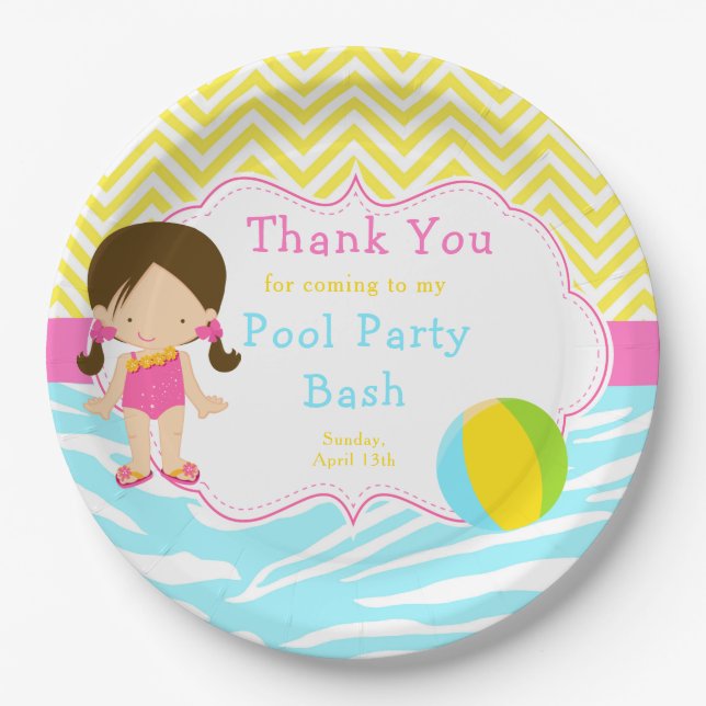 Brunette Girl Pool Party Bash Party Paper Plate (Front)
