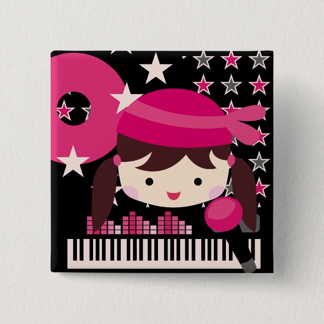 Brunette Girl Rock Star Party Birthday Button (Front)